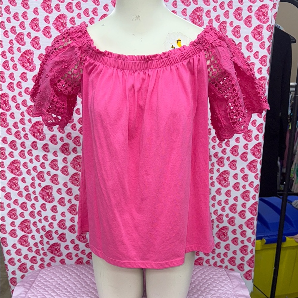 Pink Off-Shoulder Lilly Pulitzer Lace Sleeve Top